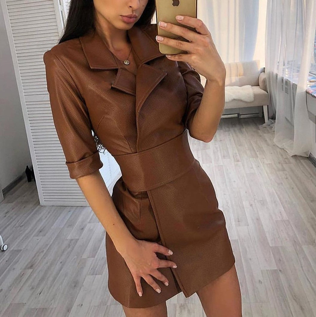 Solid Color PU Leather Suit Collar Medium Long Sleeve Women's Dress Leather Coat Belted